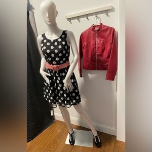 Forever 21 black & white polka dot dress + pink pleather ruffle belt, size S